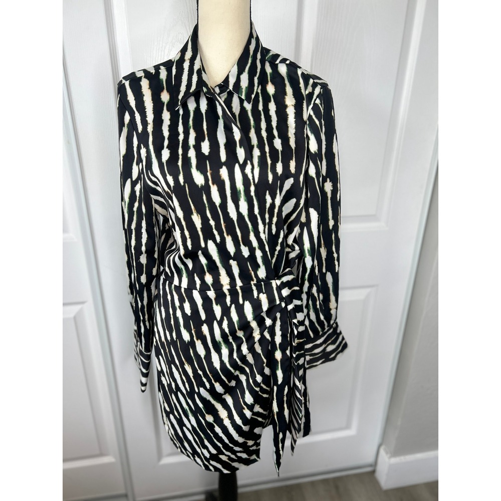House of Harlow 1960 Wrap Shirt Dress XL Black Green Abstract Mini Long Sleeve